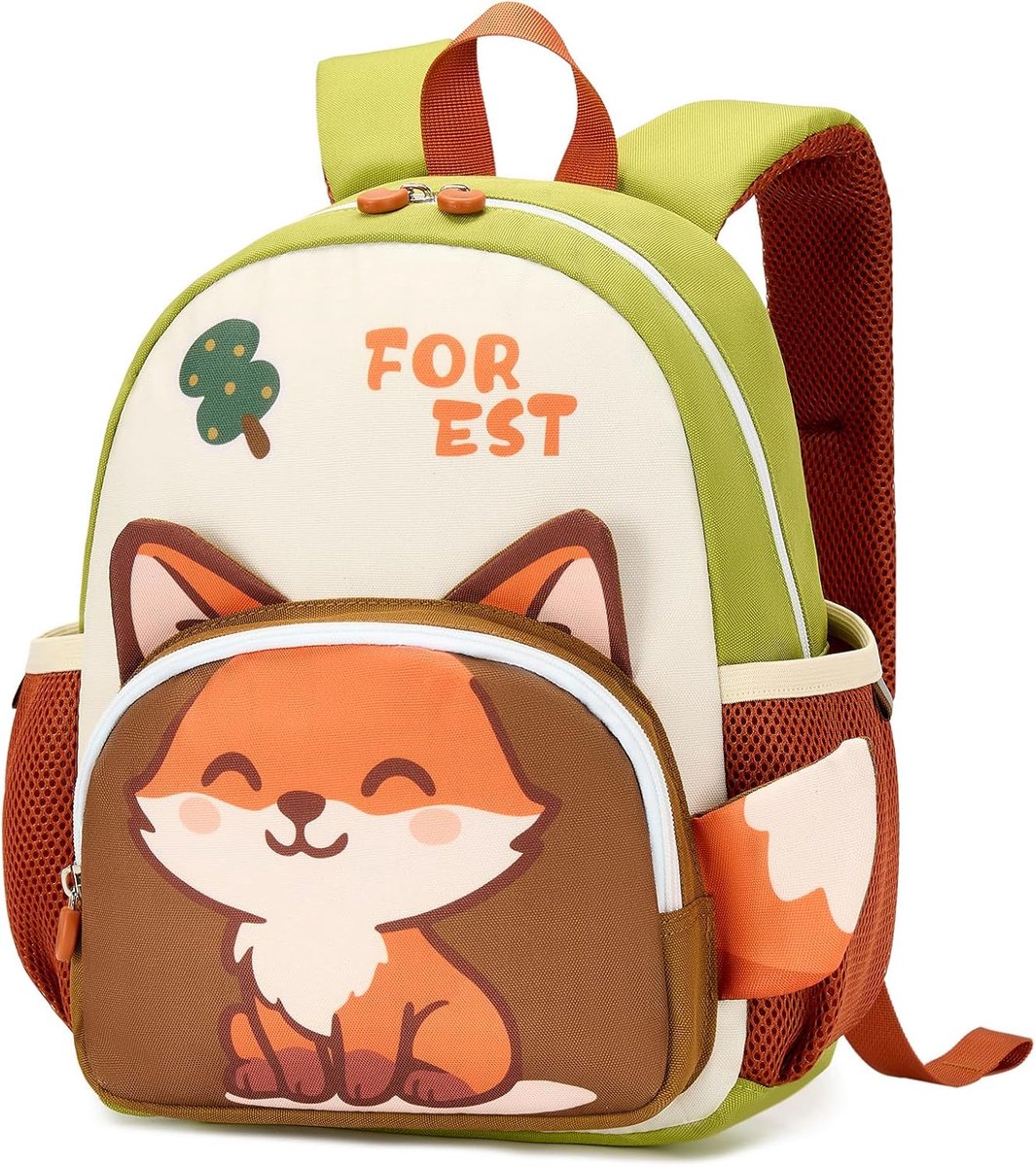 Kleuterschoolrugzak voor jongens met borstband en fluitje, rugzak voor kinderen, 3D-dierendesign, reflecterend, ademend, voor 3-7 jaar, 9 l, vossendesign