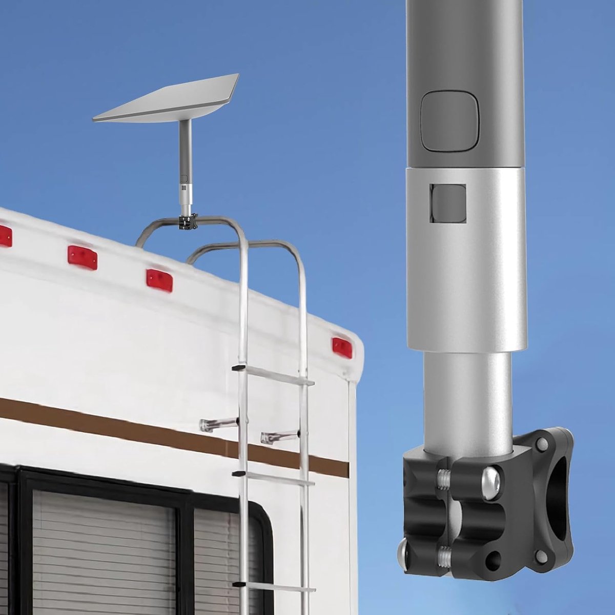 RV-ladderhouder voor Gen 2, aluminium montage met pijpadapter, zilver, belastbaar 200 kg, installatiebereik 0,7-1,2 inch