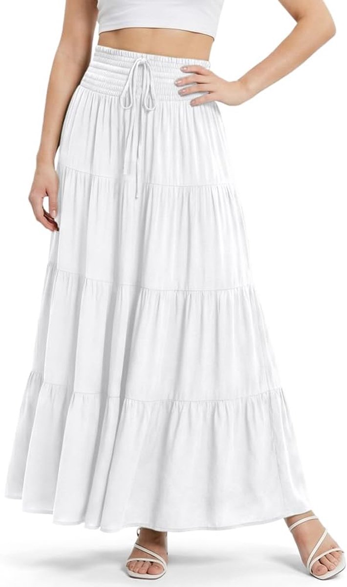 Rokken voor vrouwen, vloeiende elastische taille geplooide A-lijn rokken met trekkoord, casual comfortabele boho vrouwen 5 cm 1 rok hoge taille maxi rok voor strand dagelijkse reizen