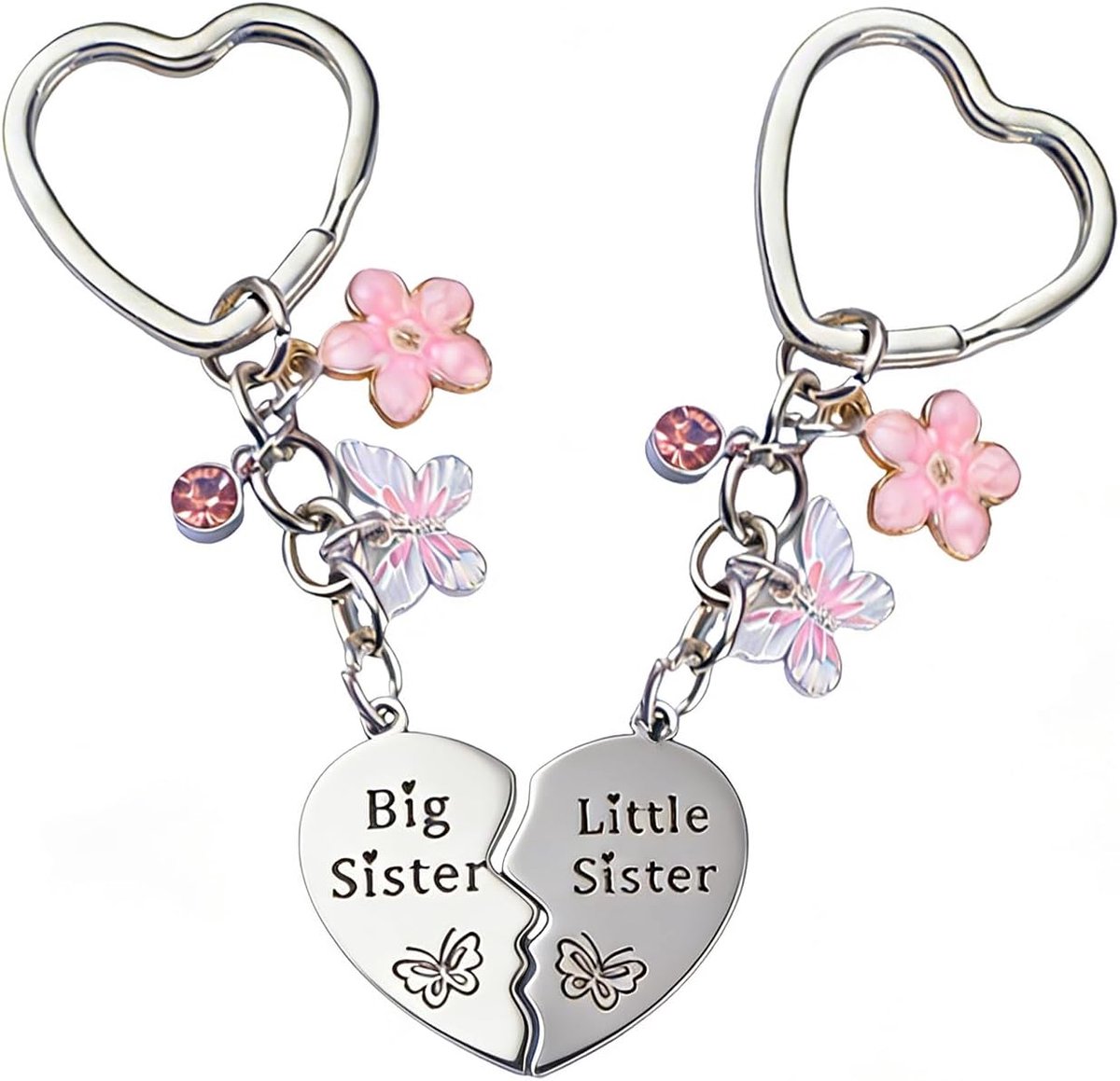sleutelhanger, 2 stuks grote zusjes bijpassende hart sleutelhanger met vlinder charme handtas accessoires geschenken voor zusters vriend besties