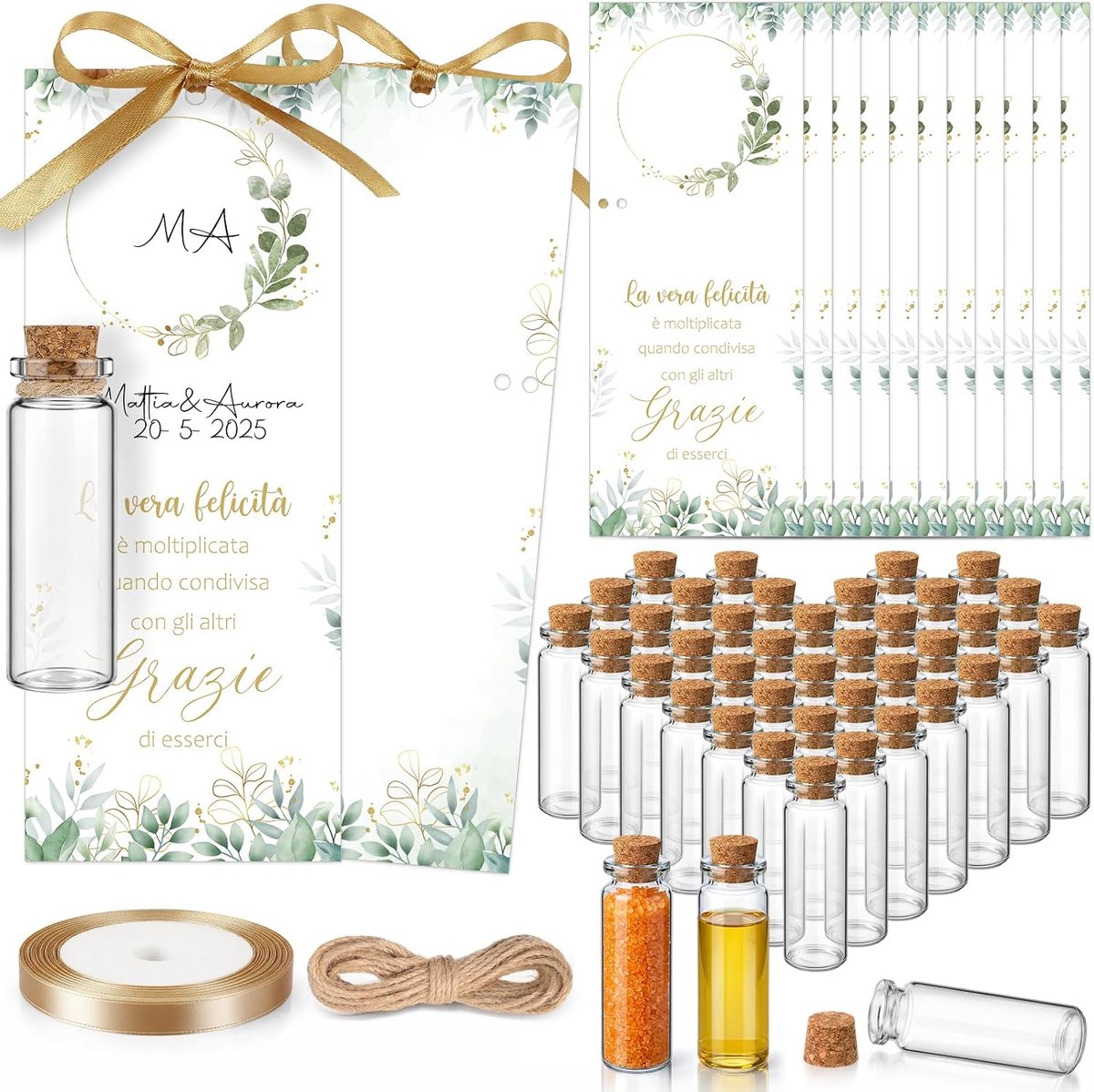 30 SETS Bruiloftsbedankjes, Naamkaartjes Kaarten Eucalyptus Glazen Flesjes Met Kurken Stoppers Tafelmarkeringen Bruiloften Gastgeschenken, Uitnodigingen Voor Bruiloften en Verjaardagen