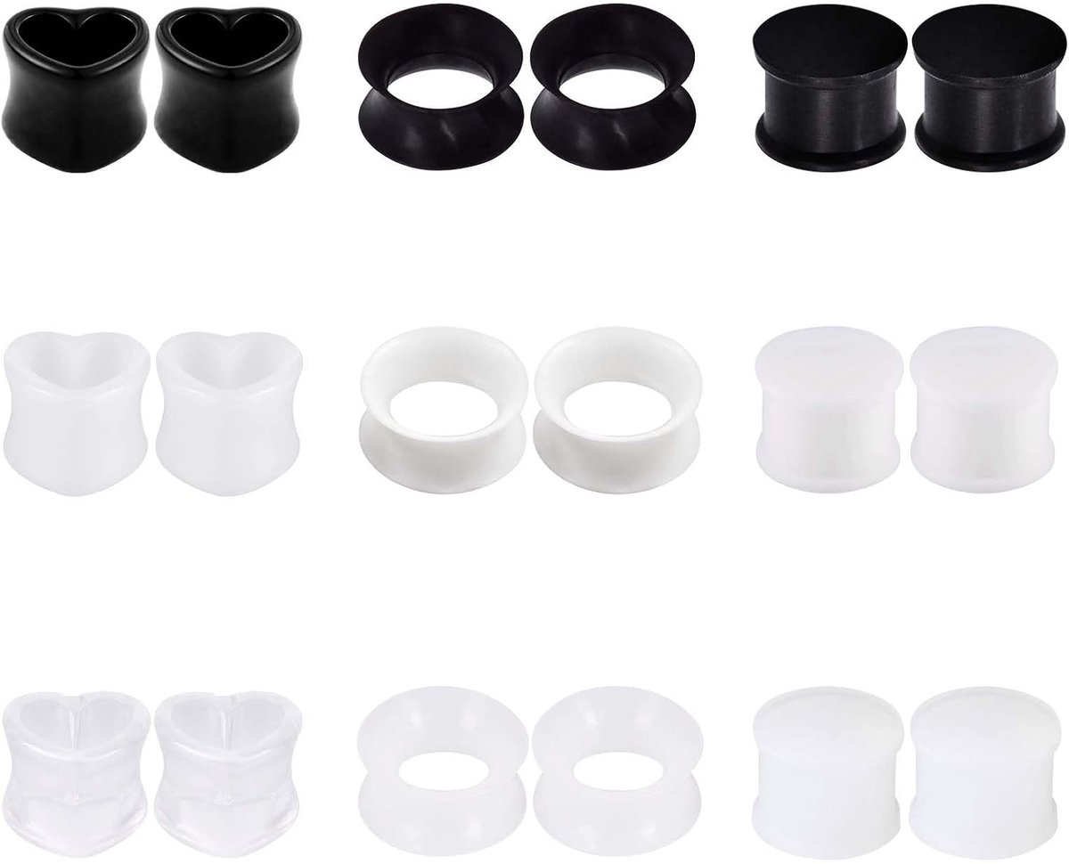 9 paar siliconen oorplugs flesh tunnels stretcher piercing sieraden pure kleur double flared flexibele expanders hard zacht hart zwart wit, 6 mm - 16 mm