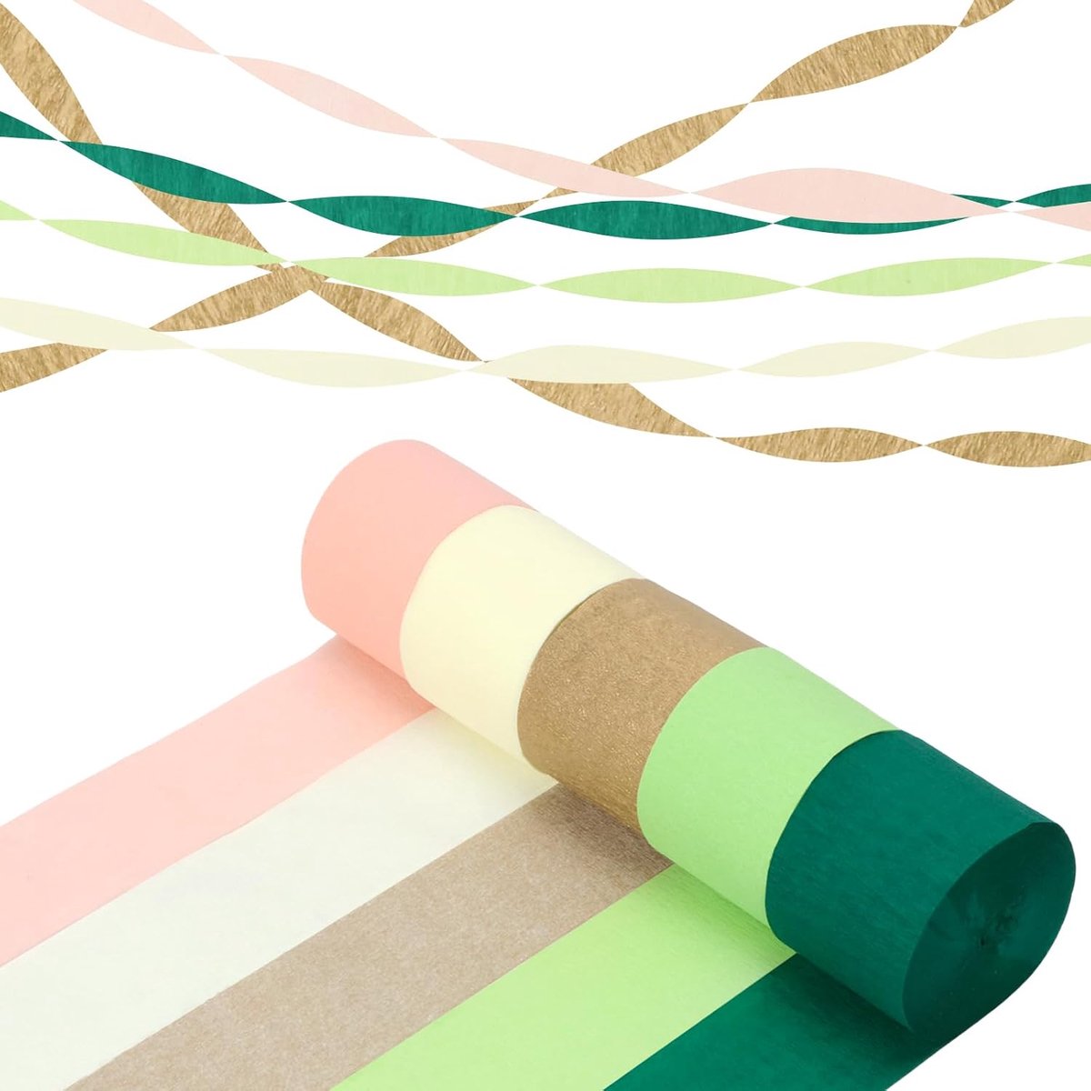 Crêpepapier luchtslangen, crêpe linten, feestdecoratie, groen, goud, kaki, crêpepapier, achtergronddecoratie, bruidsfeest, babyshower, vrijgezellenfeest, verjaardag, bruiloft, jubileum