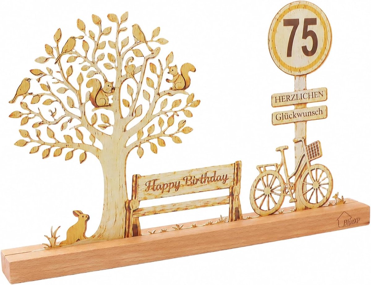 75 Jaar Verjaardag Geldboom Houten Basis Cadeau Decoratie | Mooie verjaardag tafeldecoratie met levensboom fiets en bank als uniek cadeau voor ouderen