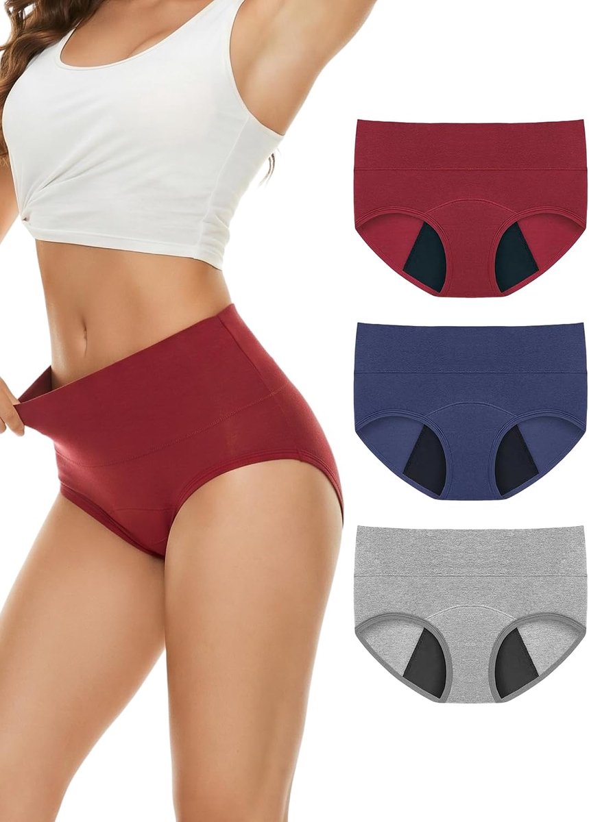 Menstruatiebroek damesondergoed: onderbroek met hoge taille, katoenen menstruatieslips, wasbaar, lekvrij, zware stroom voor postpartum dames, tienermeisjes, verpakking van 3 stuks