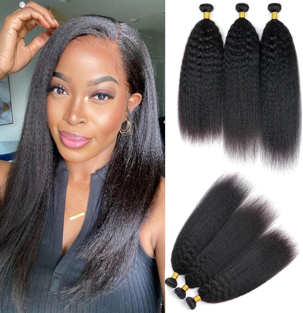3 Bundles Yaki Straight Weave Remy Hair, 20 22 24 inches Kinky Straight Bundles Human Hair for Black Women, Yaki Brazilian Hair Extensions Bundles 300g Double Weft Natural Color