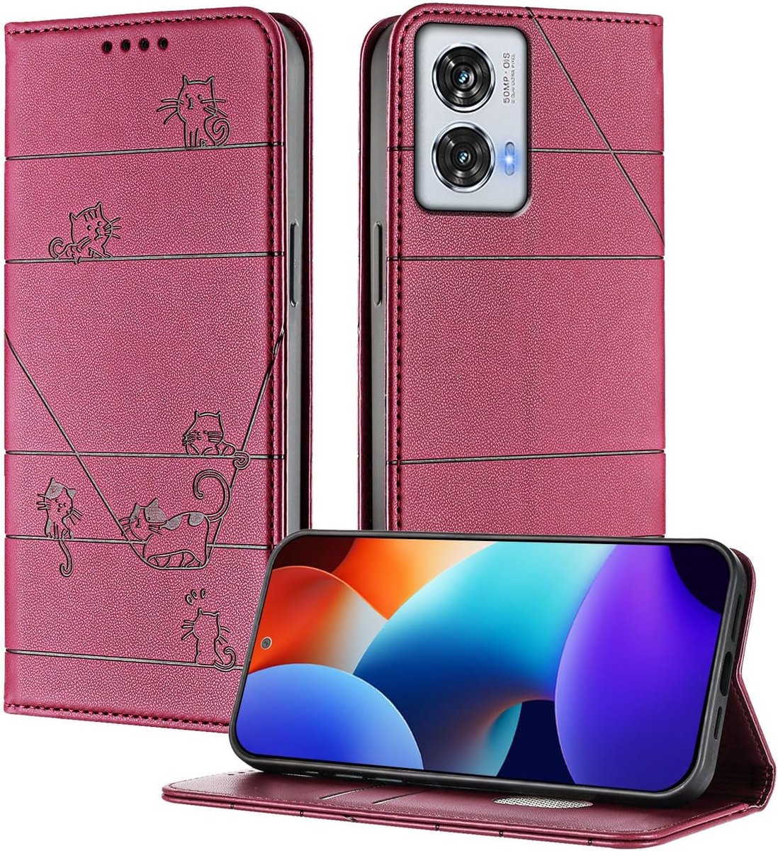 Hoesje voor Motorola Edge 50 Fusion - Premium PU Leren Hoes met RFID-bescherming, Pashouder, Magnetische Sluiting, Flip Case, Schokbestendig - Rood