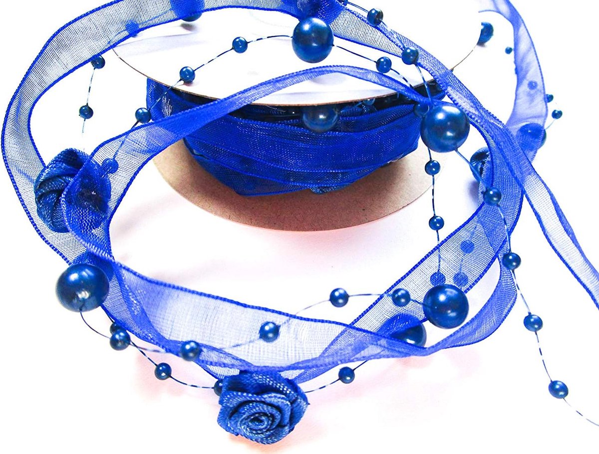 trendy band Organza Treny lint met rozen en parels decoratie bruiloft decoratielint (donkerblauw)