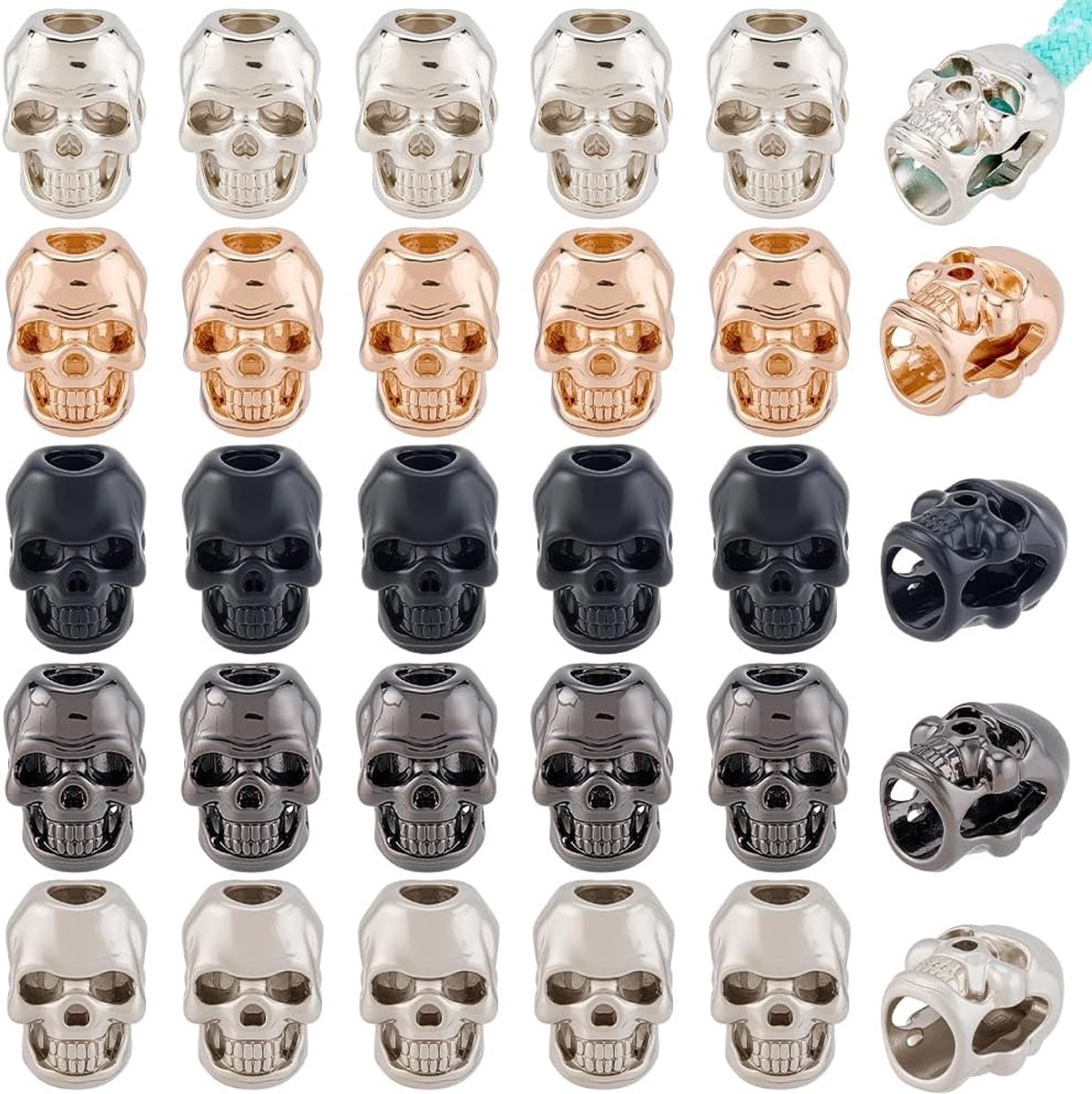 1 doos 40 stuks 5 kleuren metalen schedel kralen groot gat paracord lanyard kralen legering schedel spacers Europees gothic koord einde EDC-accessoires voor sweatshirt trekkoorden