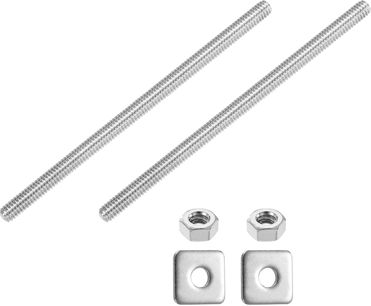 Complete draadstang 1/4"-20 UNC, 2 lange schroeven van roestvrij staal 304 met 130 mm lengte, voor rechterhand, met vierkante sluitringen voor meubelmontage.