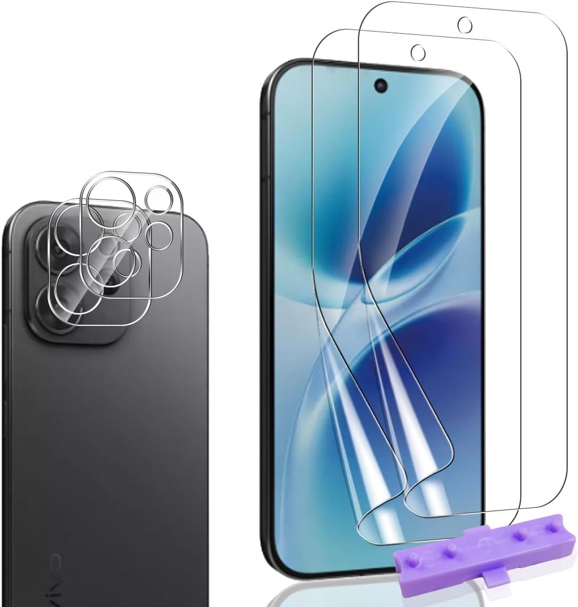 Displaybeschermfolie voor Vivo V70, geen gehard glas, TPU-beschermfolie, 2 stuks en cameralens van gehard glas, 2 stuks, anti-vingerafdruk, krasbestendig, HD transparant