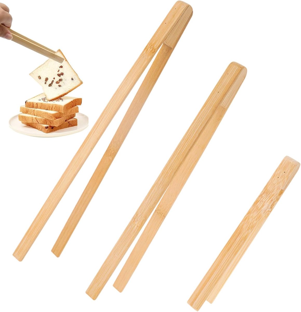 3 stuks bamboe tang van hout voor toast, vleestang, keukengerei van hout, voor broodrooster, koken, brood, thee, snoep, serveren van levensmiddelen (3 maten 15 cm, 25 cm, 30 cm)