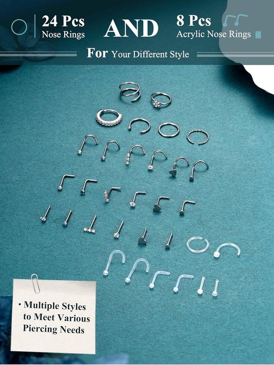 32 Stks Neus Ring voor Vrouwen Mannen Zilver Goud Neus Ringen Hypoallergeen Chirurgisch Staal Retainer Clear L Vorm/Recht/Kurkentrekker Neus Stud Hoepels Neusgat Piercing Helix Tragus Oor — afbeelding 3