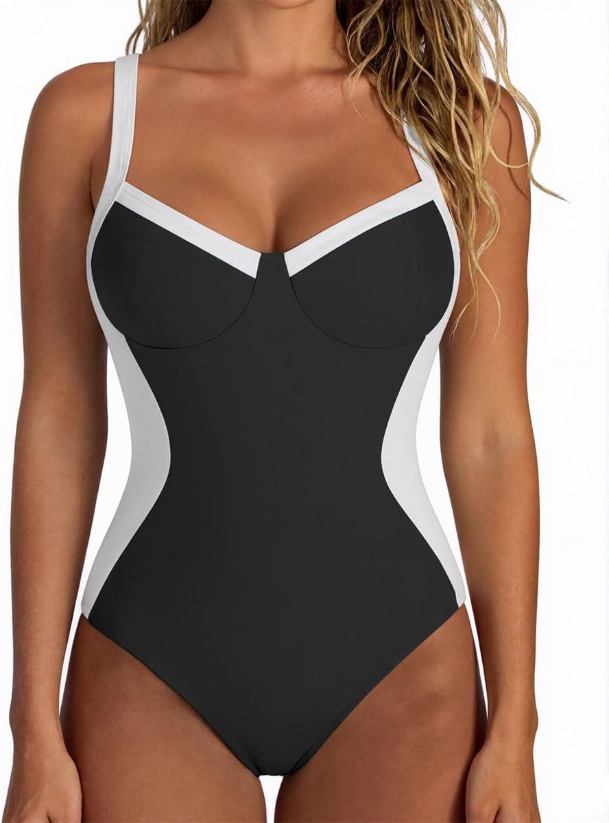 Eendelig badpak voor dames, sexy badpakken met push-up, gevoerd, verstelbare bandjes, buikcontrole, slim fit, badpak in contrasterende kleur, strappy kruis achter schouderriem, beachwear