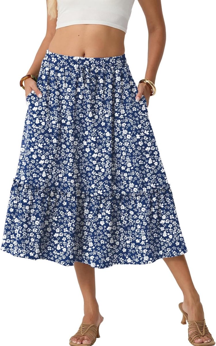 Zomerrok voor dames, lange zomerrok, hoge taille, midirok met zakken, trekkoord, licht, luchtig