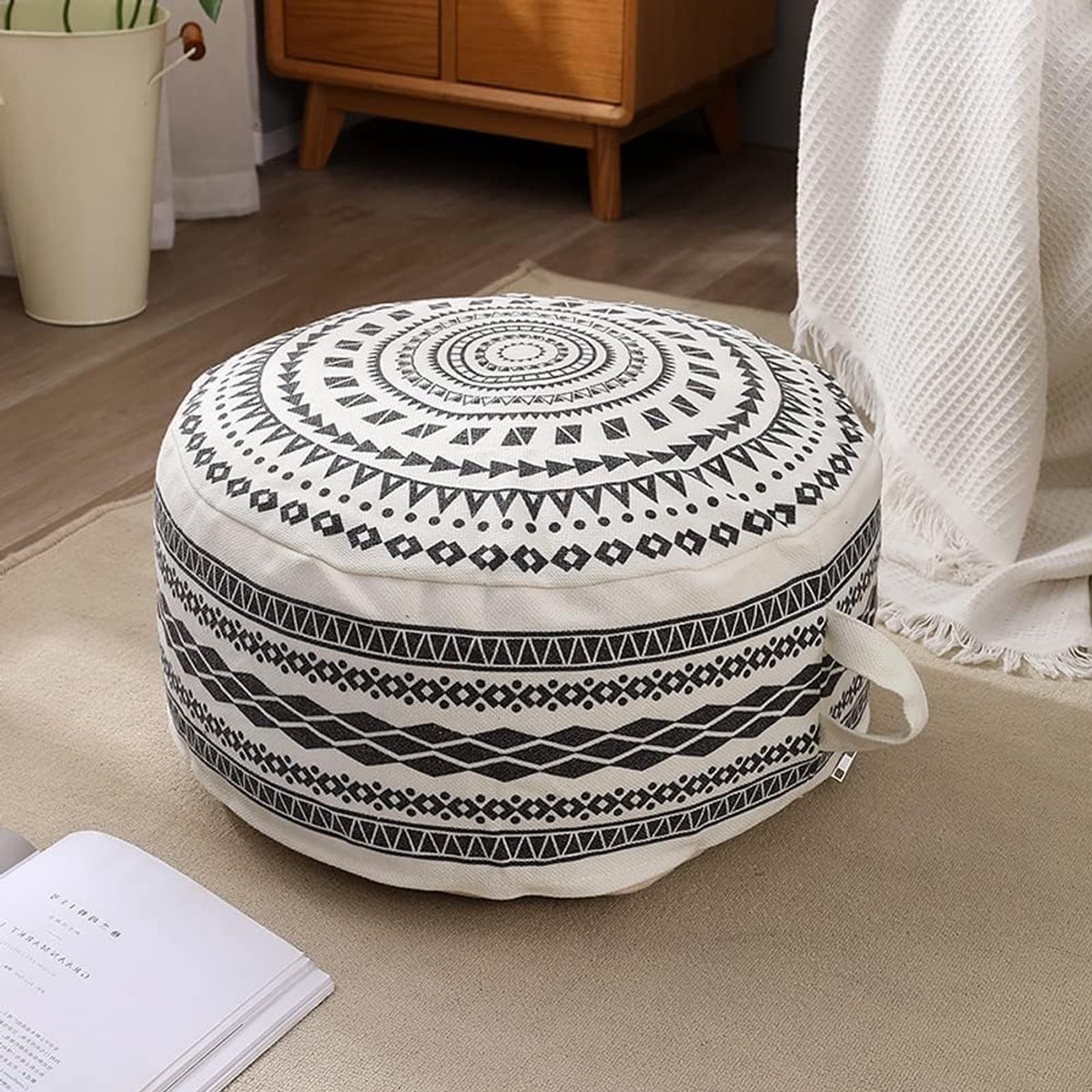Ronde zitzakhoes, ongewatteerd, bohemian, geometrisch, kleurrijk, met handvat, decoratieve voetsteun voor woonkamer, slaapkamer, patio (zwart, 45 x 45 x 20 cm)