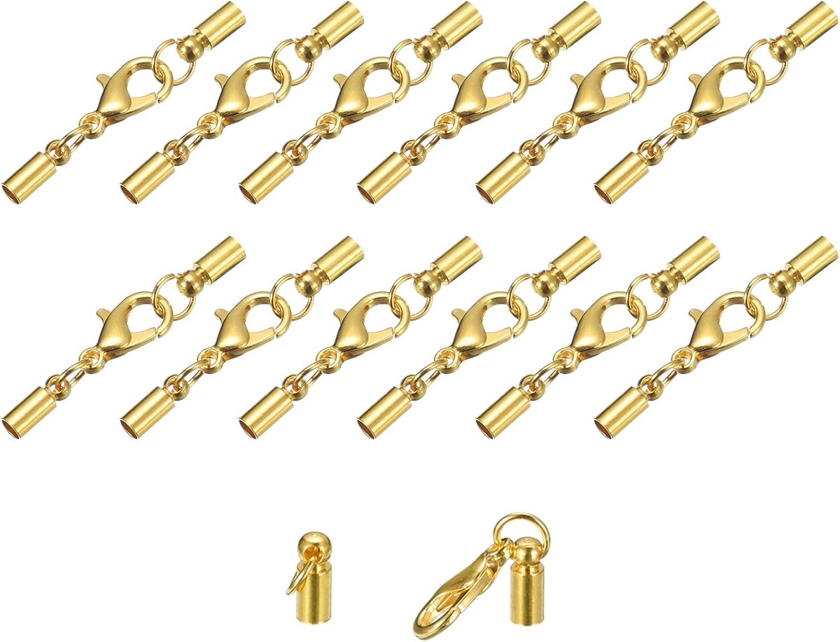 sourcing map Set van 20 3 mm lederen koord, eindkappen met kreeftsluiting, klemmen, cilindereindstukken voor doe-het-zelvers, leren armbanden, goudkleurig