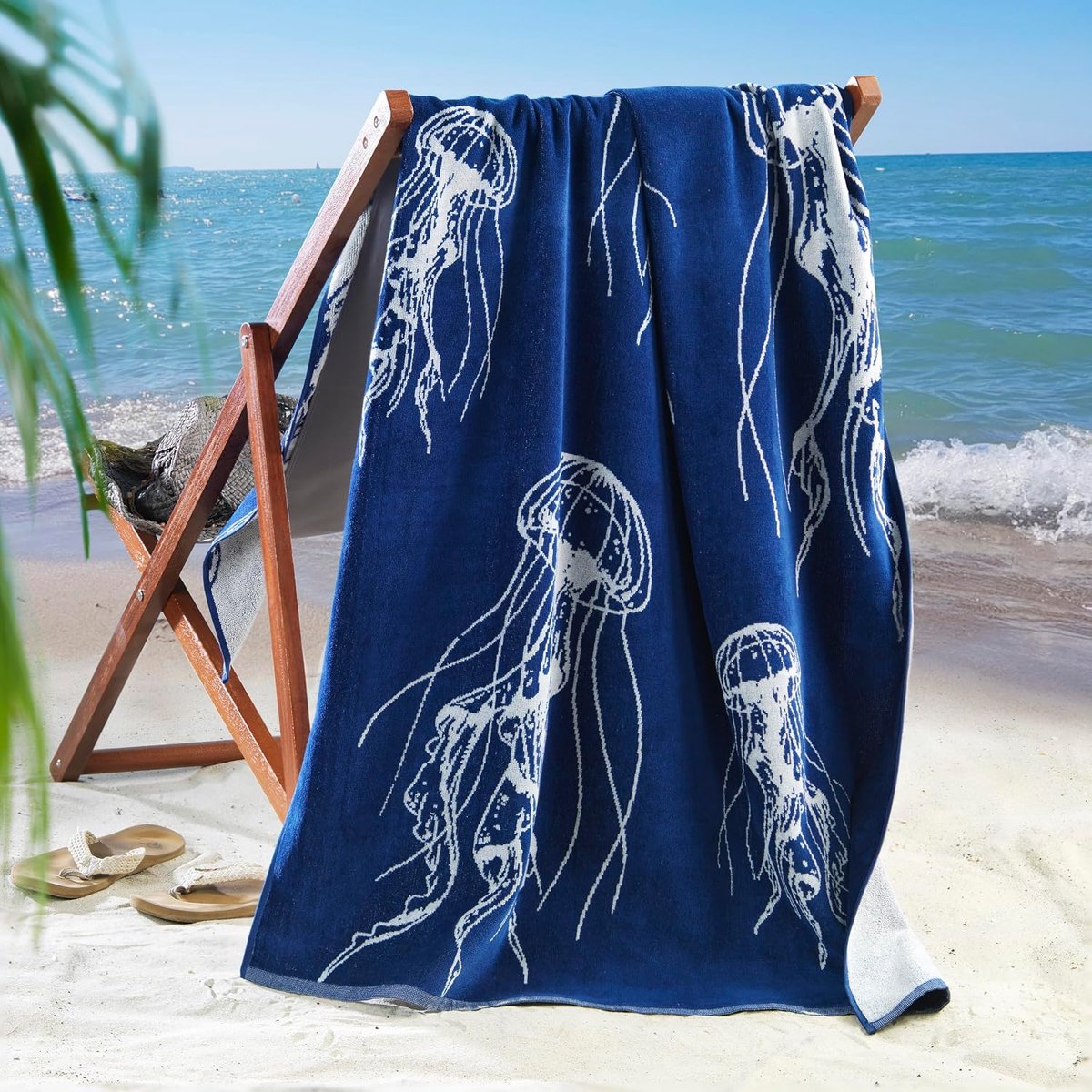 Strandhanddoek, katoen, 90 x 180 cm, strandlaken, badhanddoek van badstof, velours, 100% katoen, design kwal blauw zilver
