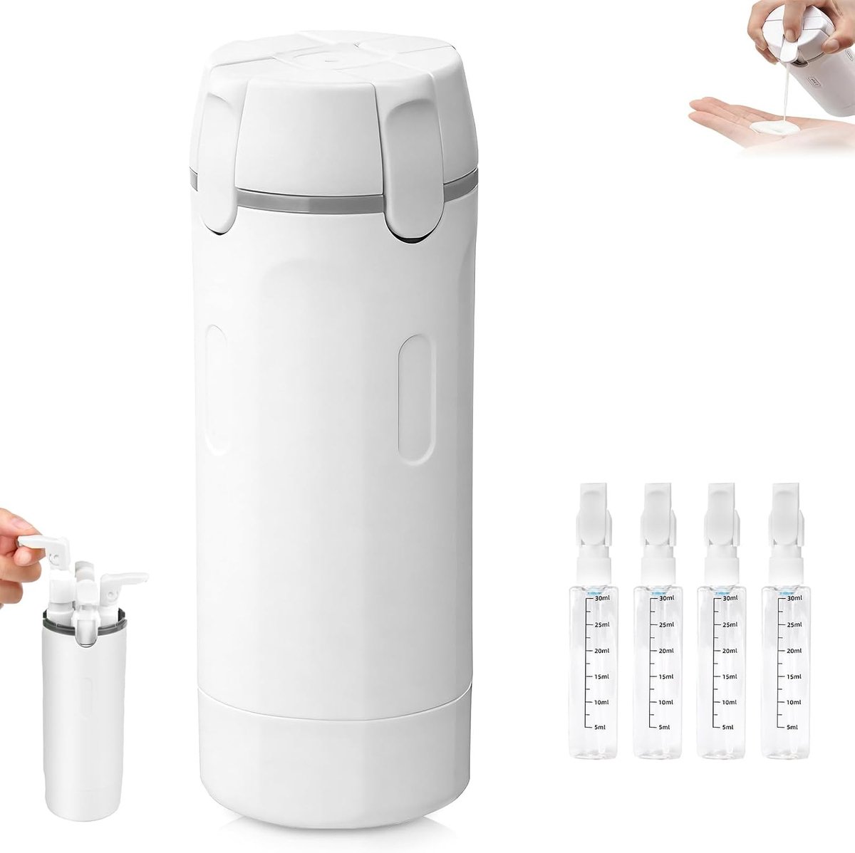 4-in-1 reisdispenser, navulbaar, reisflessen om te vullen, draagbare siliconen reisset om te vullen met schaal en etiket, lekvrije reisflessen voor shampoo, lotion, conditioner en crème (wit)