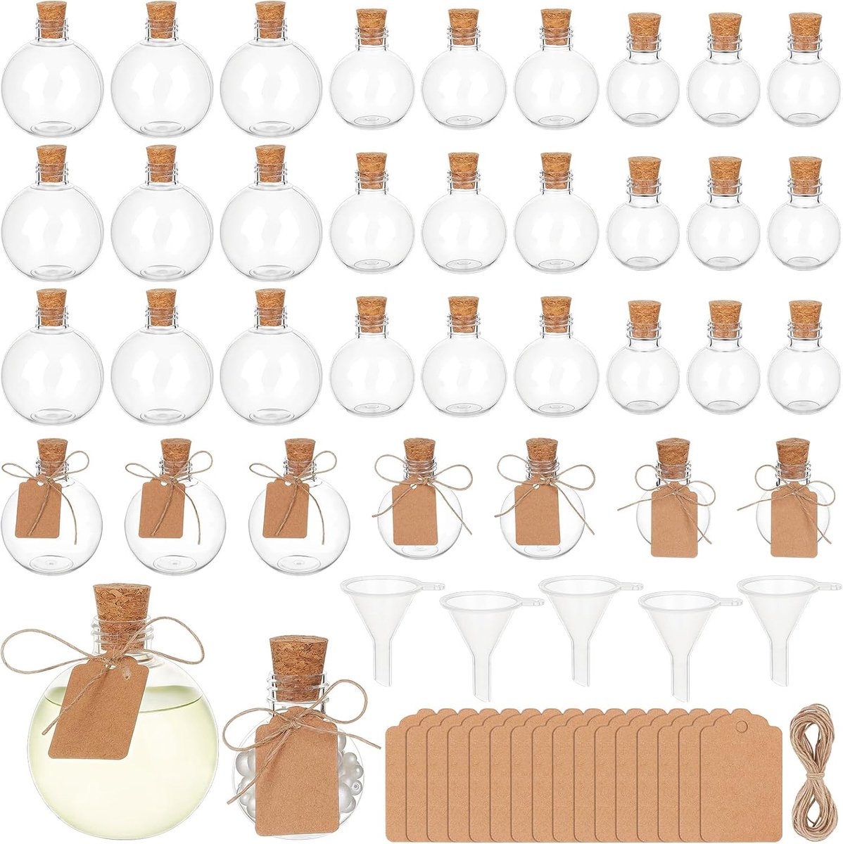 60 bolvormige flessen van kunststof met kurksluiting, 50,100,200 ml, ronde zandflessen in bolvorm met 16 mini-trechters, ideaal voor het versieren van een bruiloftscocktail