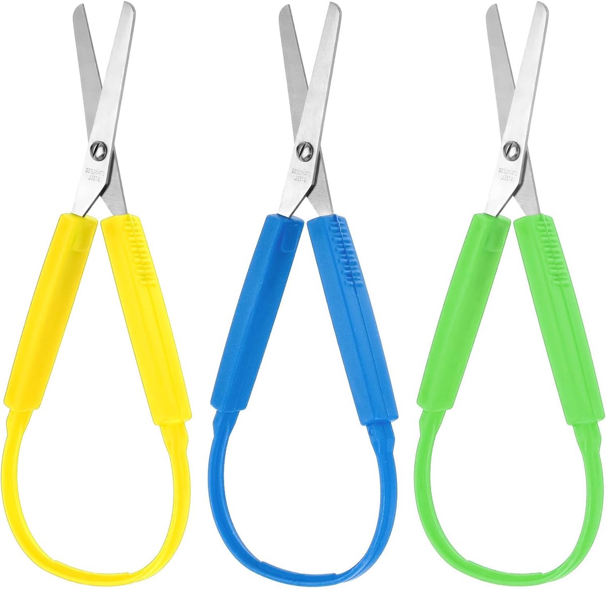 3 stuks adaptief ontwerp schaar 14 cm kleurrijke handgreep zelfopenende veiligheidsschaar voor kinderen kinderen scholen speciale behoefte (geel, groen, blauw)