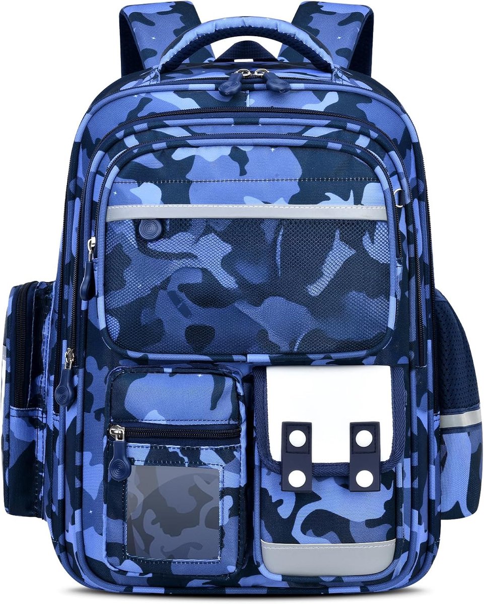 Schoolrugzak voor jongens 1-5 klas met reflecterend voor school, camouflage/blauw, 30 x 20 x 42 cm, Dagrugzak | Ergonomische rugzak, schooltas, schooltas, schooltas, schooltas, schooltas, 6-12 jaar, waterafstotend 25 liter