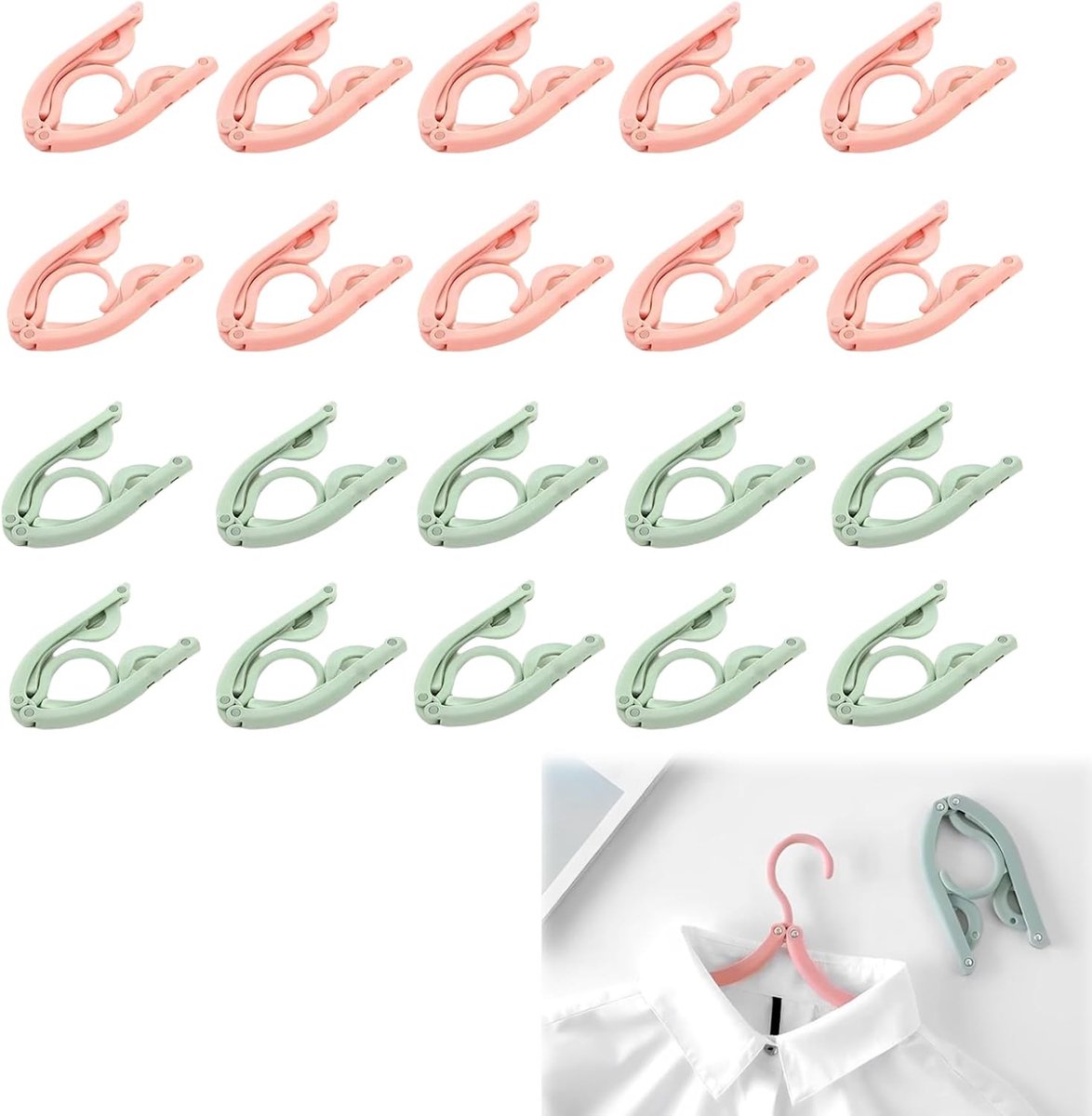 20 Stuks Opvouwbare Kledinghangers, Opvouwbaar Reiskleerhangers, Opvouwbaar Wandgemonteerd Droogrek, Ontworpen voor Gezinnen, UItstapjes, Kamperen (Roze en Groen)