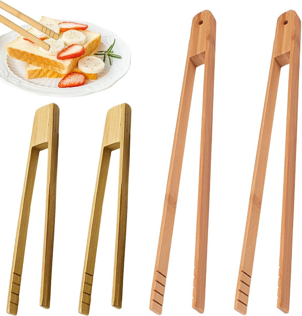4 stuks keukentang, houten keukentang, grilltang van hoogwaardig hout met groeven voor een veilige grip, barbecue- en worstaccessoires