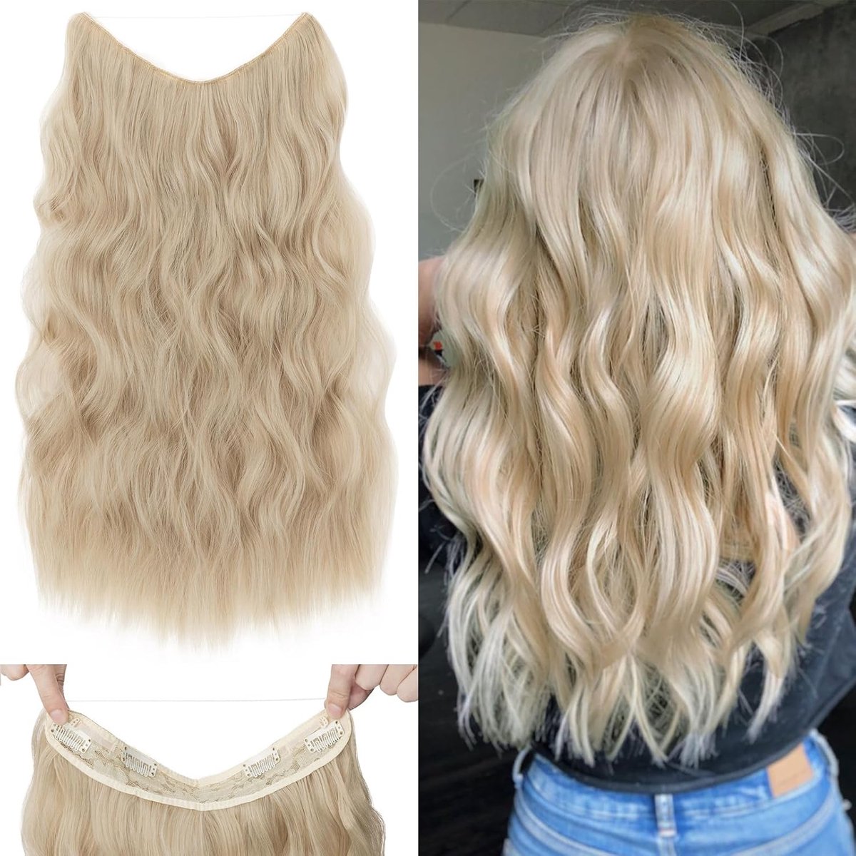 Clip-in extensies met koord, synthetisch, lang golvend haarstukje met elastiek en clip, verstelbare haarverlenging voor vrouwen, bleekblond, highlights zandblond, 50 cm