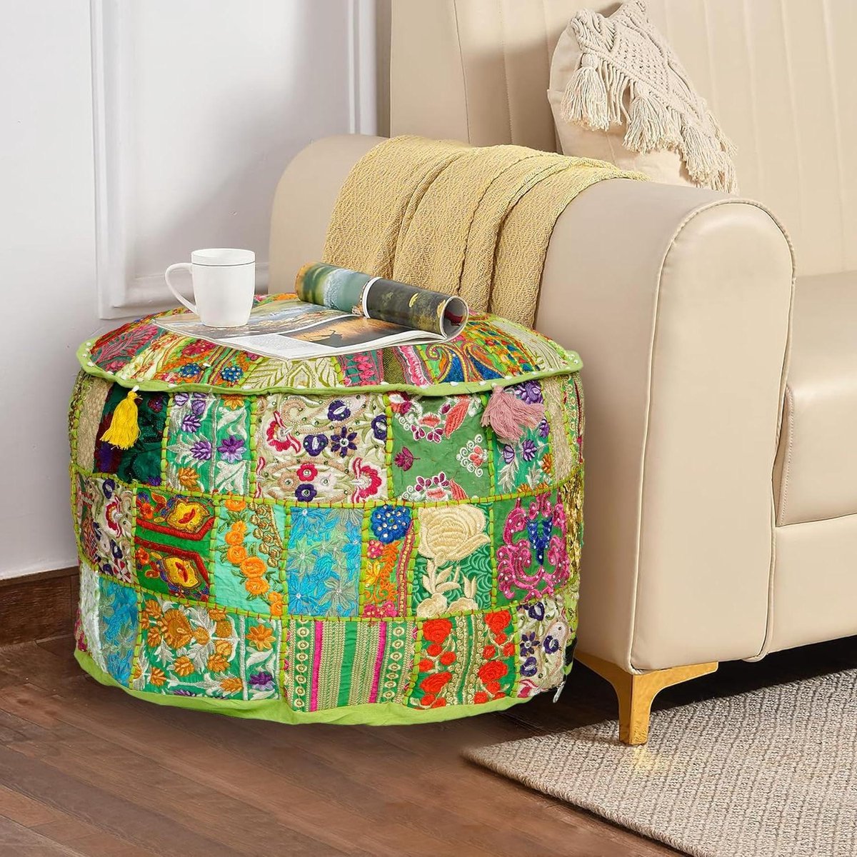 Ottomaanse Poef Hoes - Zitkussen Hoes Voetenbank - Woonkamer Decoratie - Handgemaakte Patchwork - 40x40x33 cm - Lichtgroen