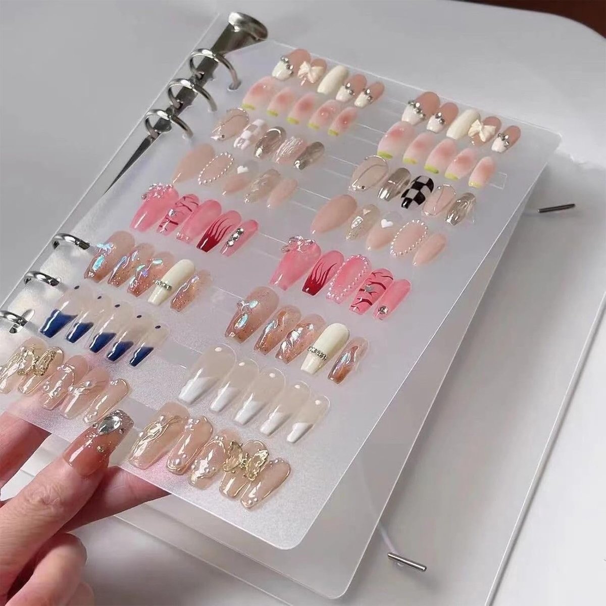 Nagelorganizerset, met drukknop en losblad-systeem, 1 stuk A5 O-vormige clip, 6 stuks zijpanelen, met plakband, uitneembaar nailart-opbergalbum, album voor kant-en-klare nailart-verzamelingen