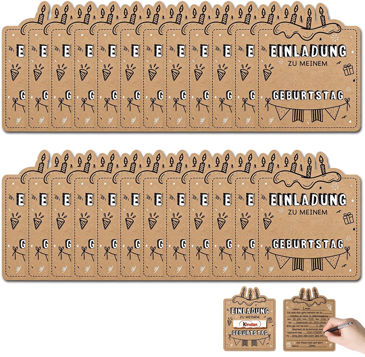 Uitnodigingskaartjes kinderfeestje 24 stuks - kraftpapier - taartvorm - beschrijfbare DIY kaarten - SnelShoppen