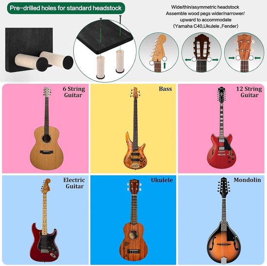 Muurbevestiging met plank 2Pack Houten Gitaar Houder Haak Multifunctionele Rack Beugel Stand Voor Elektrische Gitaar Bas Akoestische Ukulele Viool Mandoline Zwart — afbeelding 4