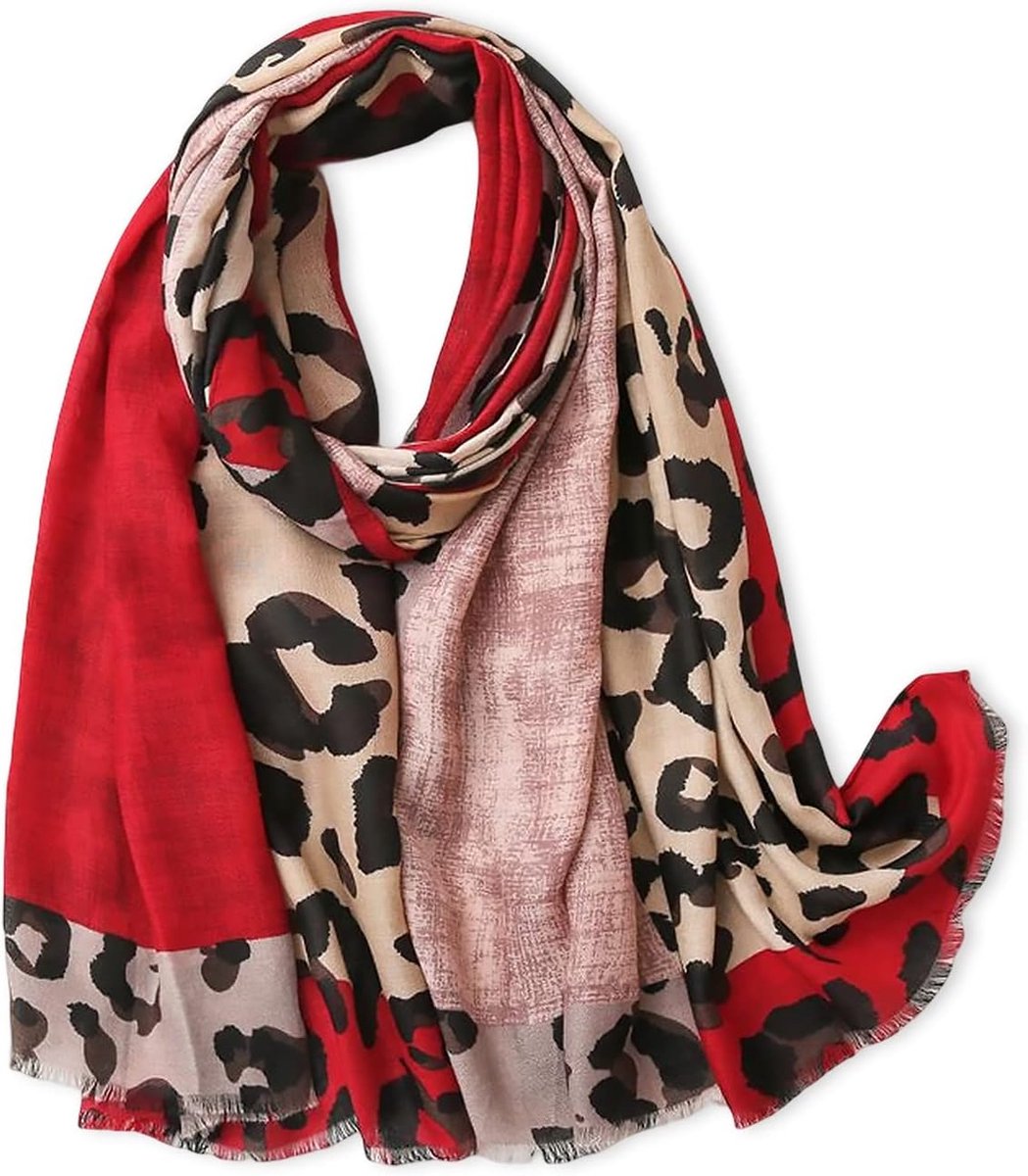 Luipaard Print Sjaal Voor Vrouwen Dierlijke Print Katoen Linnen Sjaals Met Kwasten Lange Sjaal Lichtgewicht Warme Sjaal, Rood, one size
