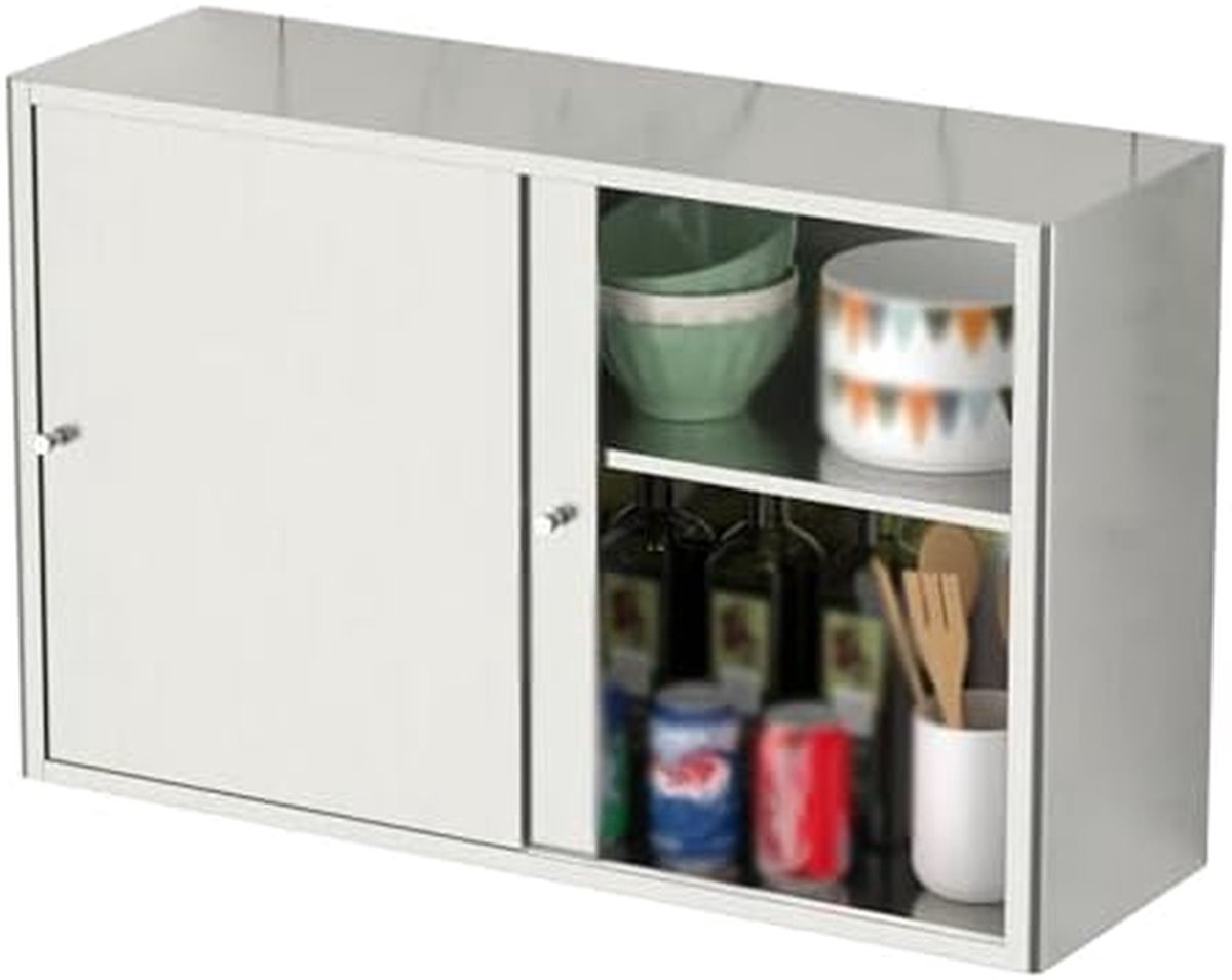 Wandkast Roestvrij Staal - Keuken Kast Opberger - Ruimte Besparen - Schuifdeuren Ontwerp - 75x25x55cm - Zilver