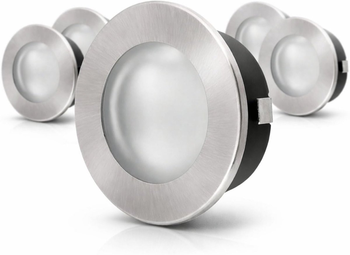 Verpakking van 5, volledig metalen inbouwspots G4 12V, glazen afdekking