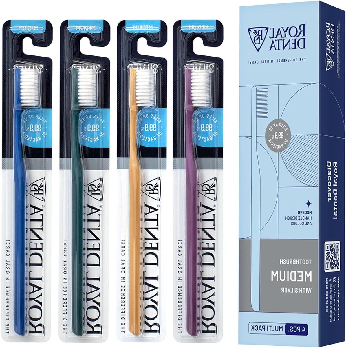 Medium Tandenborstel - Zilver Borstels - Mondhygiëne - Antibacteriële Borstelharen - 4-Pack - Zilver