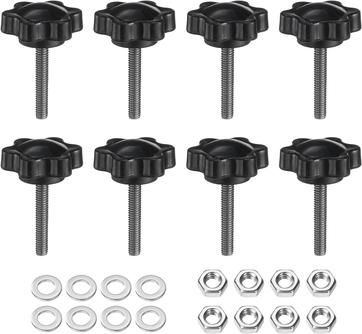 8 stuks kartelschroeven stergreepmoer M4 x 20 mm metrisch 304 roestvrij staal mannelijke schroefdraad 25 mm kartelmoer 6-sterren kunststof schroefdraadstift handknoppen handgrepen