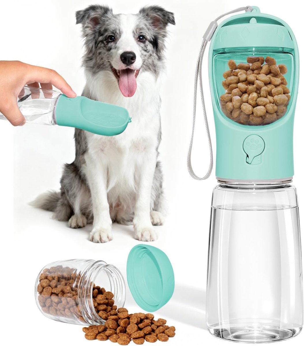 waterfles voor honden, draagbare waterdrinkmachine voor honden, voor reizen, wandelingen en buitenactiviteiten (Groen, 550ml) | Met voerbak van 100 g, dubbel lekvrij ontwerp, gebruik zonder BPA, eenvoudig te bedienen, meerdere kleuren