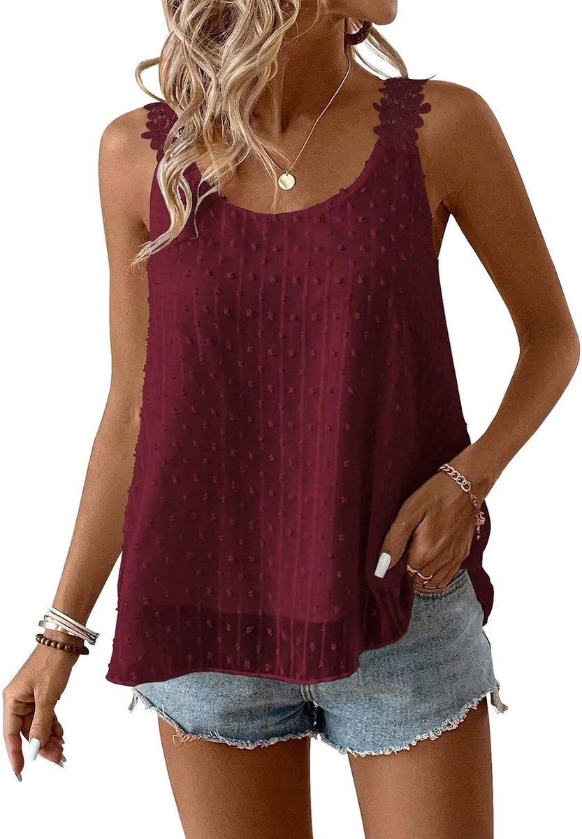 Tank Top Dames Zomer Boho Blouse Mouwloos Tops Vloeiend Elegant Ronde Hals Bloemen Camisole Casual Kant Outfits