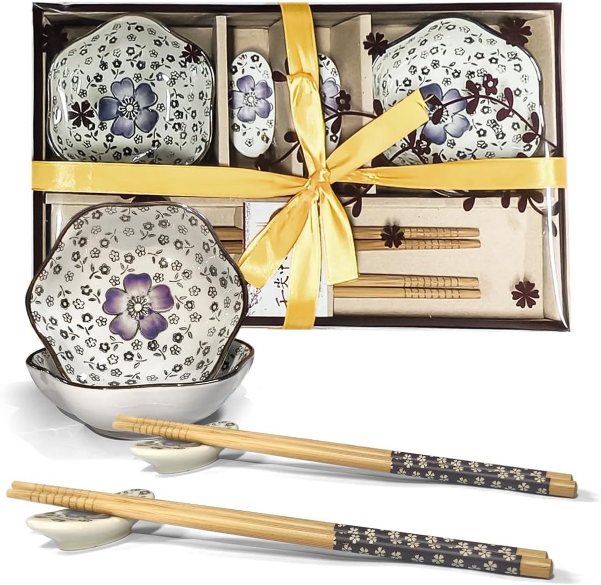 Sushiborden van keramiek, blauw en wit, in hoogwaardige geschenkdoos (A1)