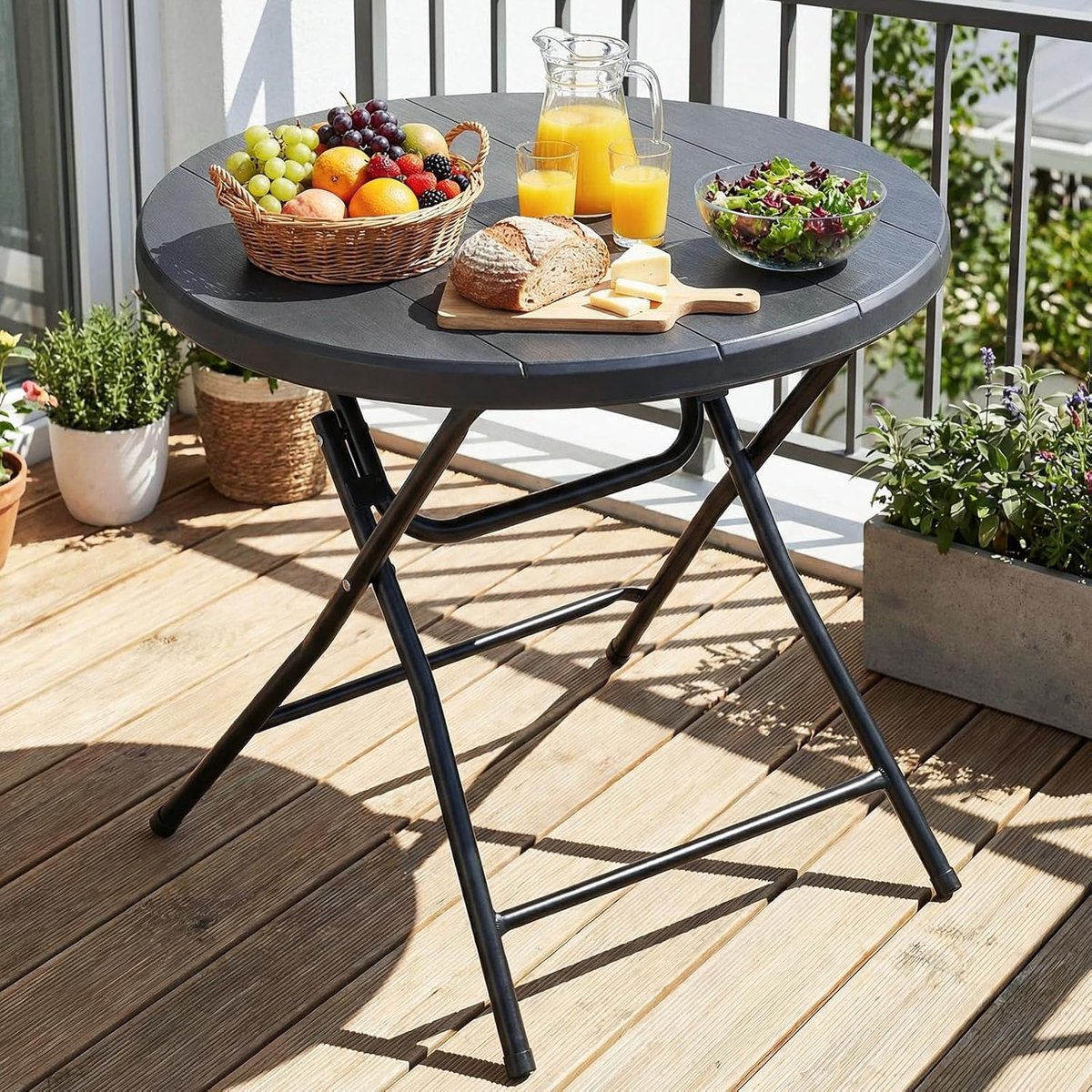 Tuintafel rond hout-look, inklapbare tafel, klein eettafel HxD: 74x80 cm, balkontafel met stalen frame poten, campingtafel weerbestendig, onderhoudsvriendelijk, hoge stabiliteit, voor balkon