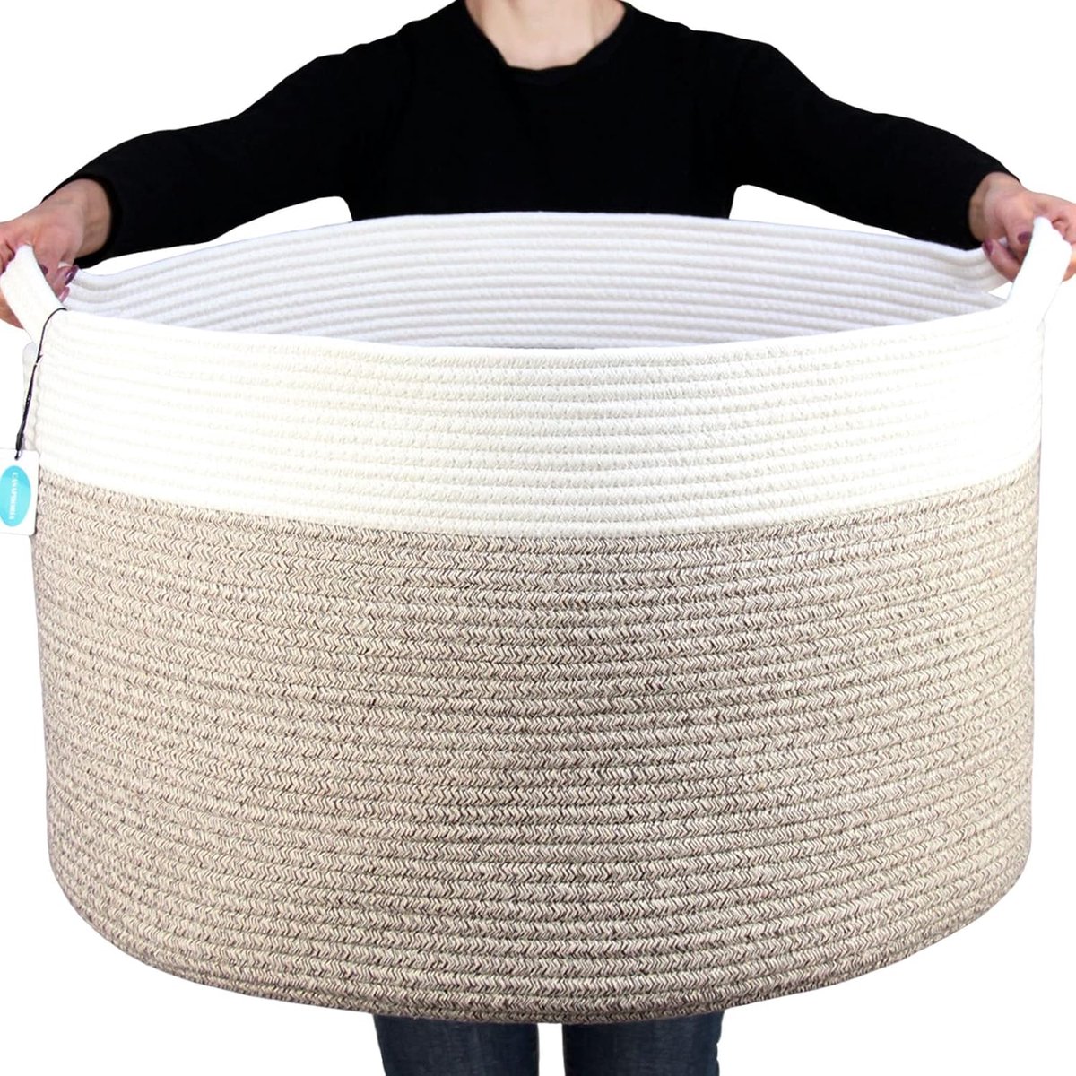 XXXLarge Katoenen touwmand voor woonkamer - geweven opbergmand met handvat voor dekens, handdoeken en kussens, wasmand | crèmewit en bruin (55,9 cm x 55,9 cm x 35,6 cm)