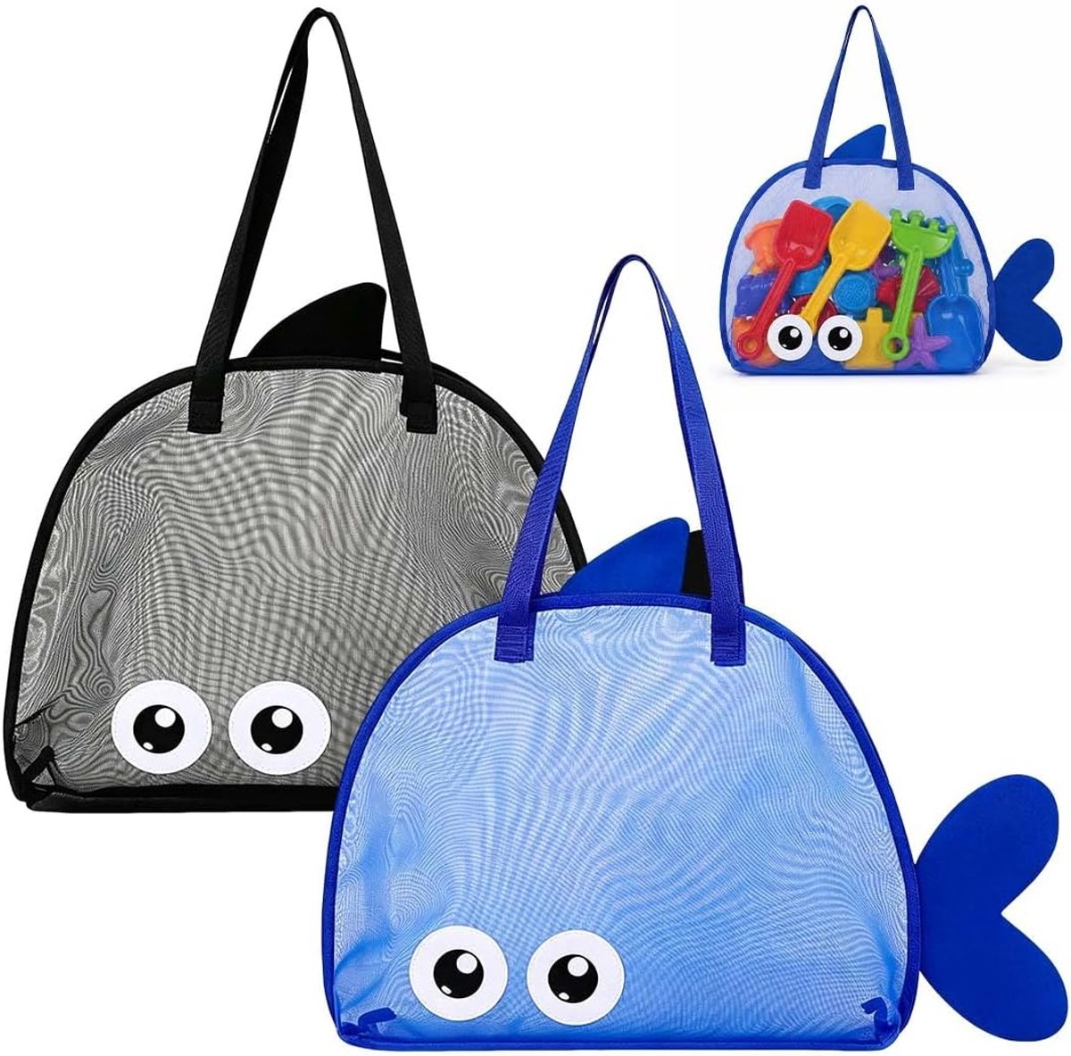 Set Van 2 Net Strandtassen, Koningsblauw En Zwart, Net Tas Voor Strand- En Badspeelgoed En Accessoires