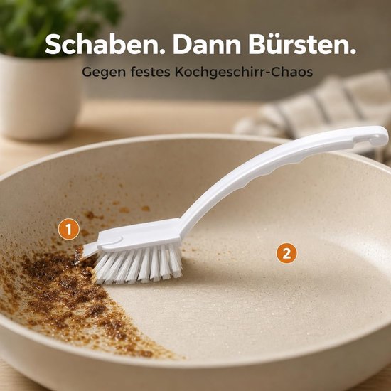 4-pack hoogwaardige afwasborstels met extra lang handvat en schraper. Perfecte spoelhulp voor een stralend schone keuken. Onmisbaar voor pannen, potten en servies, wit en grijs — afbeelding 3