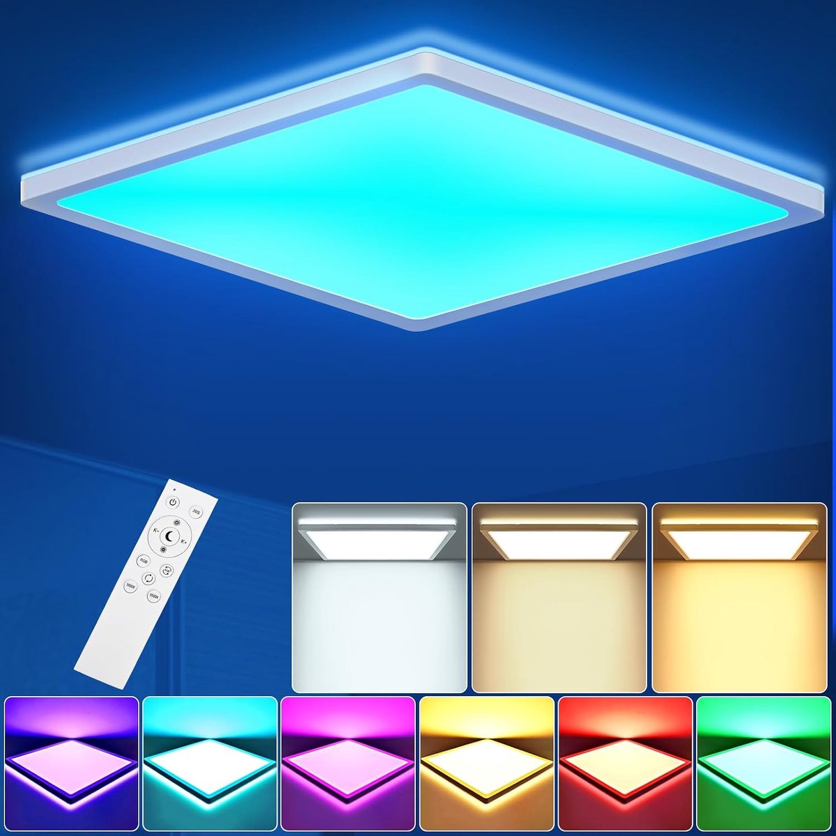 18W RGB LED-plafondlamp dimbaar met afstandsbediening, 1800LM LED-plafondlamp dimbaar RGB, 3000K-6500K IP54 vlak paneel voor woonkamer slaapkamer kinderkamer keuken badkamer 22x22x2.5cm