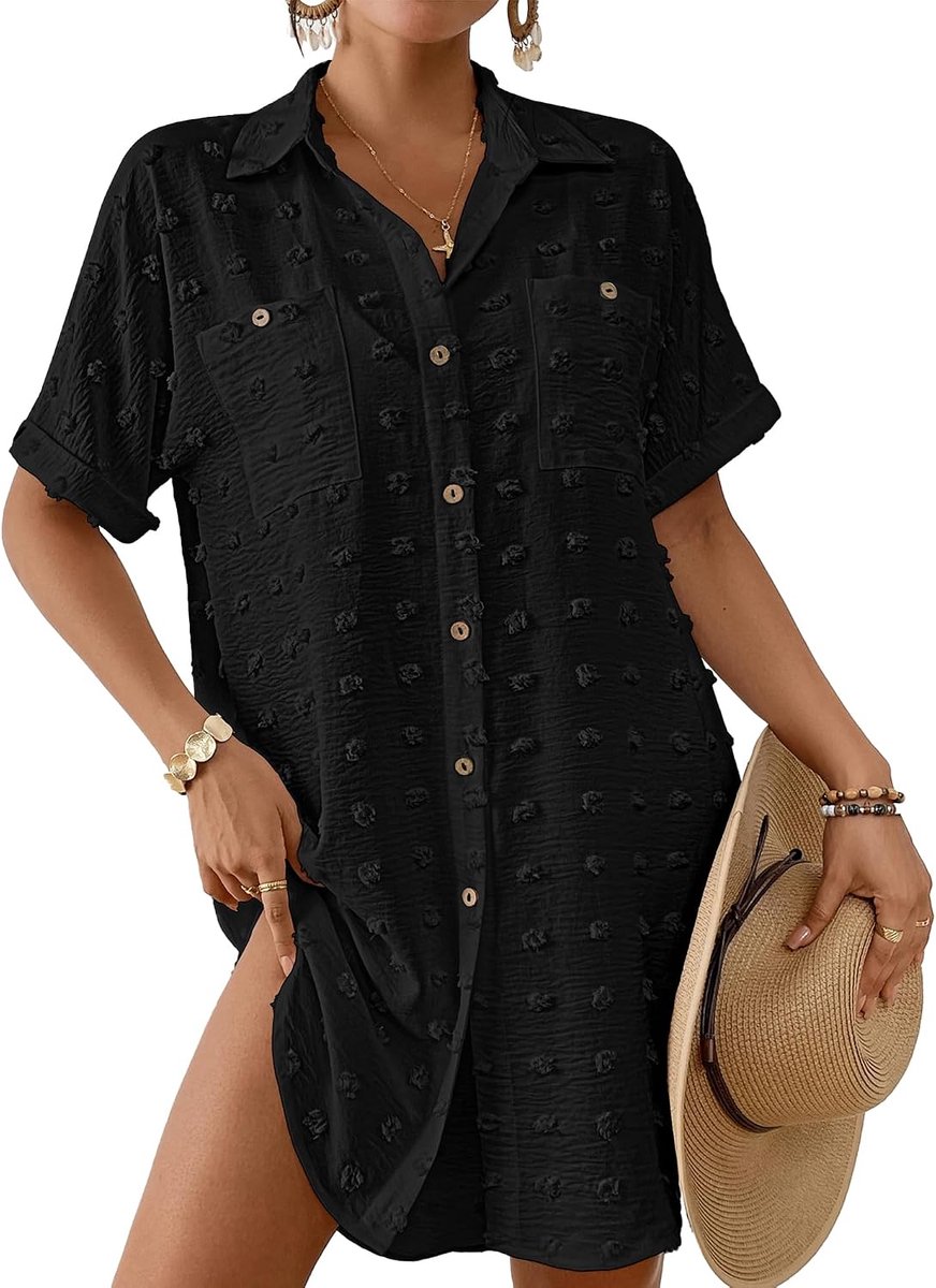 Badpak Coverup voor Vrouwen Zwitserse Dot Badpak Badmode Button Down Strand Shirt Cover Up Resort Wear