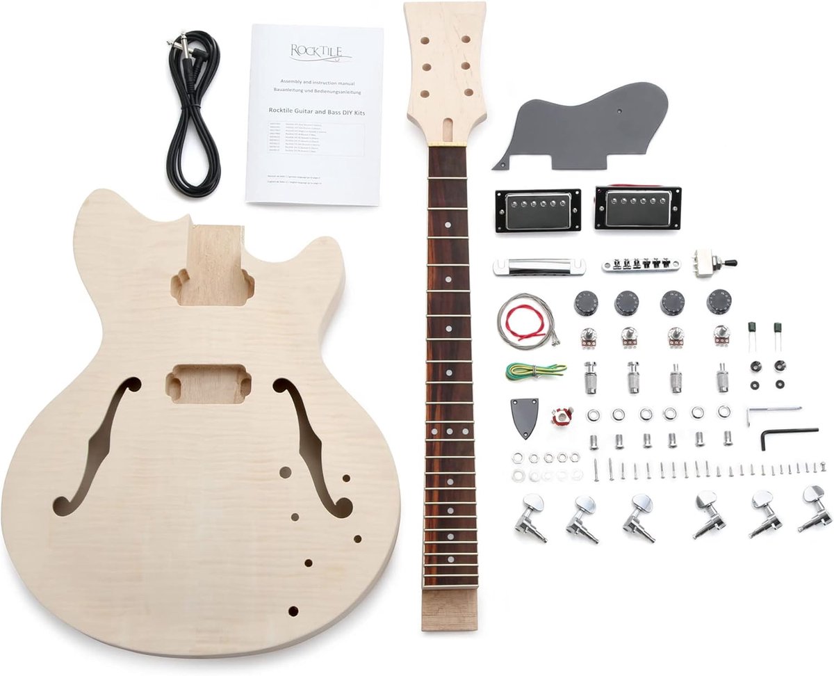 E-Gitaar Bouwpakket HB-Style, "Do-it-yourself" E-gitaar bouwpakket | Semi-akoestisch met sustainblock, Korpus: Paulownia, Hals: Esdoorn om in te lijmen, Toets: Palissander, Semi-akoestisch, 3 kg