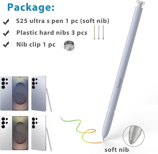 Ultra S Pen Vervanging voor Samsung Galaxy S25 Ultra S Pen, S25 Ultra Stylus voor Samsung Galaxy S25 Ultra 5G, Amerikaanse versie, EJ-PS938BBEGUJ,3 penpunten + 1 clip (lichtzilver) — afbeelding 4