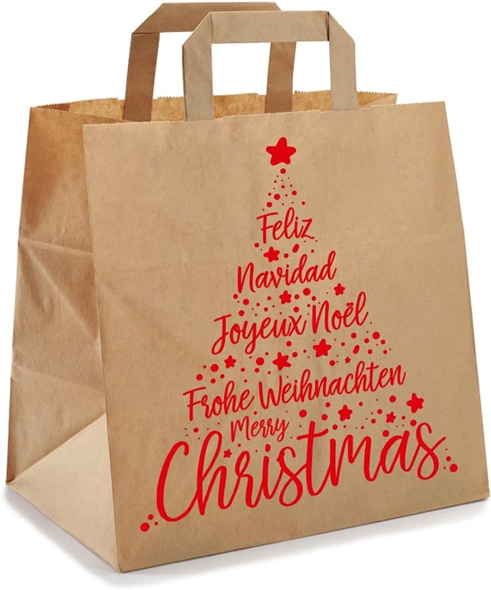 Kerst Kraft Tas 26x17x25cm - Xmas Rood - 50 Stuks - Ideaal voor Cadeaus - SnelShoppen